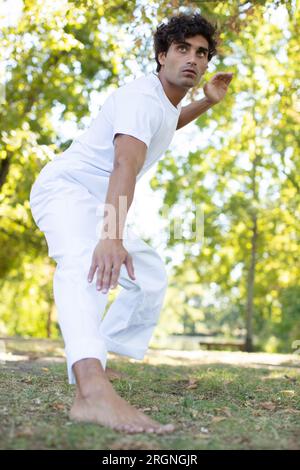 giovane che tiene la postura tai chi Foto Stock