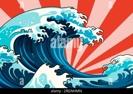 Una vivace illustrazione vettoriale con una grande onda in stile giapponese sullo sfondo di un fumetto retrò Illustrazione Vettoriale