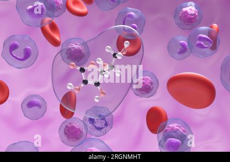 Struttura della vitamina c (acido ascorbico) nel flusso sanguigno visualizzazione primo piano della sfera e del bastone illustrazione 3d. Foto Stock