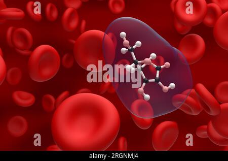 Struttura della vitamina c (acido ascorbico) nel flusso sanguigno visualizzazione primo piano della sfera e del bastone illustrazione 3d. Foto Stock