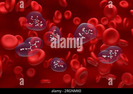 Struttura della vitamina c (acido ascorbico) nella sfera del flusso sanguigno e visualizzazione isometrica del bastone illustrazione 3d. Foto Stock