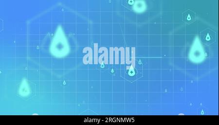 Immagine delle icone mediche e dell'elaborazione dei dati su griglia su sfondo blu Foto Stock