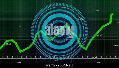 Immagine dell'elaborazione dei dati finanziari sulla scansione dell'ambito su sfondo nero Foto Stock