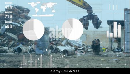 Immagine dell'interfaccia infografica sulla macchina per la trinciatura dei rottami che pila i rottami metallici Foto Stock