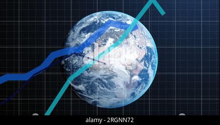 Immagine dell'elaborazione dei dati statistici sul globo su sfondo blu Foto Stock