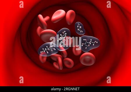 Struttura della vitamina c (acido ascorbico) nella vista in sezione del flusso sanguigno sfera e bastone illustrazione 3d. Foto Stock