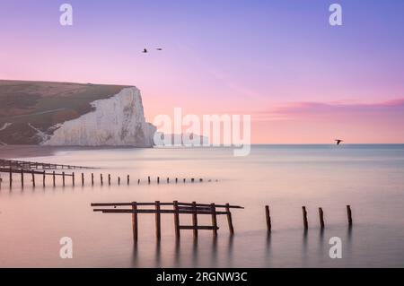 Alba in cielo lilla a Cuckmere Haven e scogliere Seven Sisters sulla costa orientale del Sussex, Inghilterra sud-orientale, Regno Unito Foto Stock