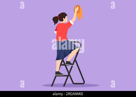 La lavavetri per disegni in stile piatto Cartoon pulisce la finestra utilizzando il tergivetro. Servizio di pulizia. Bella donna che pulisce la scala e lava Foto Stock