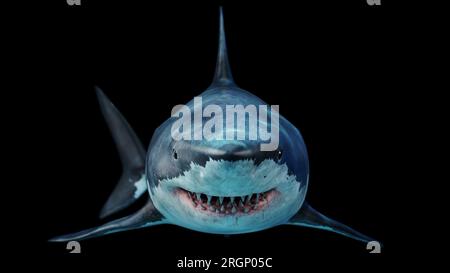 Primo piano di uno spaventoso squalo bianco che nuota sott'acqua Vista frontale Megalodon è lo squalo più predatore dell'oceano. Rendering 3D 8k Foto Stock