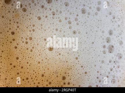 Schiuma di caffè con primo piano del latte. Caffè fresco, bevanda mattutina, crema di fondo con bollicine. Cappuccino o latte Foto Stock