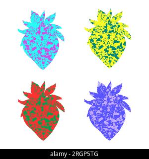 Fragole multicolore, set. Silhouette di fragole con motivi e colori diversi. Illustrazione vettoriale isolata su sfondo bianco Illustrazione Vettoriale