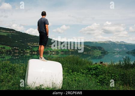 Uomo in piedi su una balla di fieno mentre si affaccia su una vista del lago in Norvegia Foto Stock