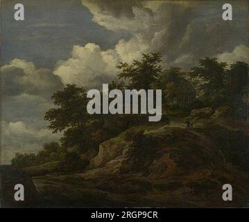 Una Rocky Hill con tre Cottages, un ruscello ai suoi piedi tra il 1650 e il 1660 di Jacob van Ruisdael Foto Stock