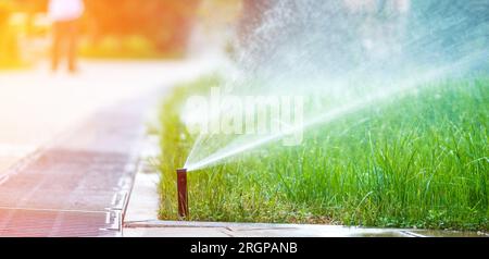 Sistemi di irrigazione da giardino. Irrigatori automatici per innaffiare il prato. Irrigatori che innaffiano l'erba, prato verde in giardino Foto Stock