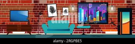 Vecchio muro di mattoni sporco del salotto, TV, divano. Per la posizione del gioco 2D. Illustrazione vettoriale Illustrazione Vettoriale