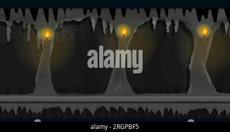 Sfondo scuro di gioco in grotta disteso orizzontalmente, buio terribile luogo vuoto con roccia, pareti illuminate in vista laterale. Per la posizione dei giochi 2D. Vettore Illustrazione Vettoriale