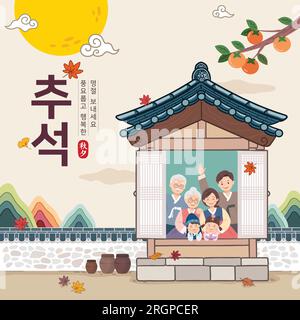 Design dell'evento del giorno del Ringraziamento coreano. Grande famiglia che indossa hanbok nella tradizionale casa hanok. Giorno del Ringraziamento, buone feste, traduzione coreana. Illustrazione Vettoriale