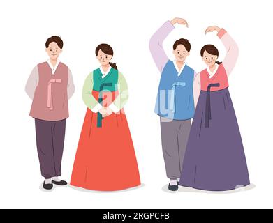 Coppia che indossa hanbok tradizionale coreano, coppia cuore, set di design Illustrazione Vettoriale