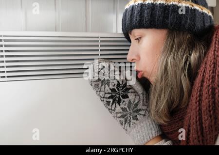 Giovane donna surgelata che indossa un maglione che si scuote e gelida per il freddo invernale con un'espressione d'urto sul viso. La ragazza sta riscaldando le mani con alito sopra ele Foto Stock