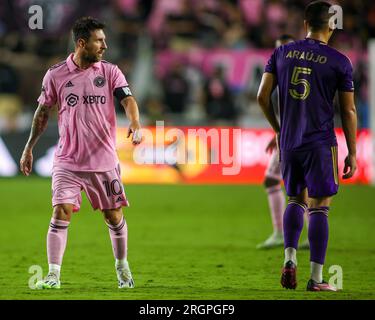 Fort Lauderdale, Florida, USA, 11 agosto, 2023. Lionel messi all'Inter Miami CF/Charlotte - QF della Leagues Cup credito: Chris Arjoon/Credit Foto Stock