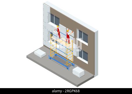 Sistema isolante per pareti esterne isometriche, lavori di isolamento per facciate di edifici. Strati per facciate in polistirolo. Lavoratore di Hardhat che tiene piastrelle da parete per esterni Illustrazione Vettoriale