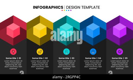 Modello infografico con icone e 5 opzioni o passaggi. Cubi. Può essere utilizzato per il layout del flusso di lavoro, il diagramma, il banner, il webdesign. Illustrazione vettoriale Illustrazione Vettoriale