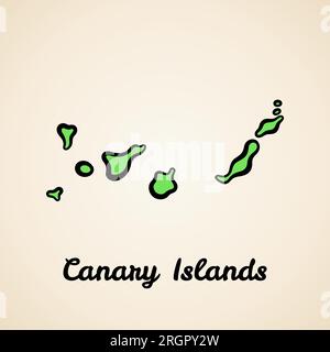 Mappa verde semplificata delle Isole Canarie con contorno nero. Illustrazione Vettoriale
