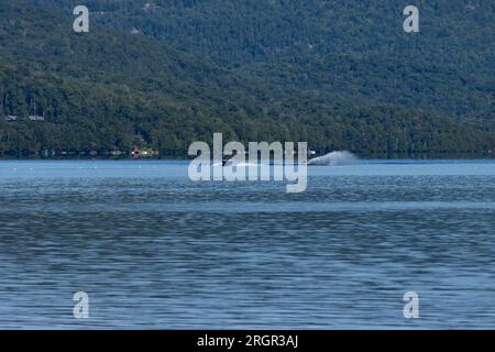 Un uomo sta sciando d'acqua sul lago con le montagne sullo sfondo Foto Stock