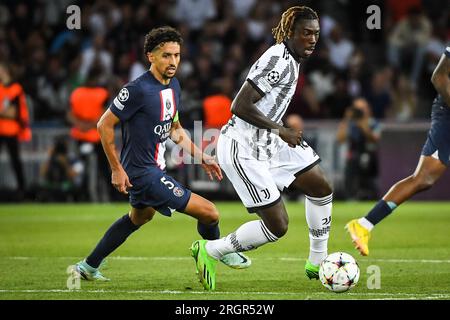 MARQUINHOS del PSG e Moise KEAN della Juventus durante la partita di UEFA Champions League, gruppo H tra Paris Saint-Germain e Juventus FC il 6 settembre 2022 allo stadio Parc des Princes di Parigi, Francia - foto Matthieu Mirville / DPPI Foto Stock