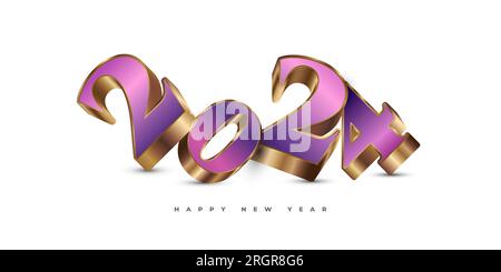 2024 in viola e oro con stile 3D isolato su sfondo bianco. Buon anno 2024 Design Illustrazione Vettoriale