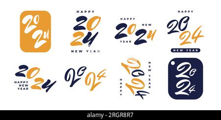 Set di testo con logo Happy New Year 2024. 2024 numeri o etichette con colore nero isolato su sfondo bianco. Simbolo di Capodanno Illustrazione Vettoriale