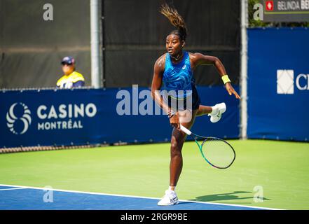 Montreal, Canada, 9 agosto 2023, Alycia Parks of the United States in azione contro Belinda Bencic della Svizzera durante il secondo turno del torneo di tennis Omnium Banque Nationale 2023, WTA 1000 il 9 agosto 2023 a Montreal, Canada Foto Stock