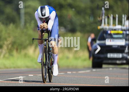 Glasgow, Regno Unito. 11 agosto 2023. Il francese Remi Cavagna di Soudal Quick-Step raffigurato in azione durante la gara d'élite maschile a cronometro ai Campionati del mondo di ciclismo UCI, a Glasgow, in Scozia, venerdì 11 agosto 2023. L'UCI organizza i mondi con tutte le discipline ciclistiche, ciclismo su strada, ciclismo al chiuso, mountain bike, corse BMX, para-ciclismo su strada e para-ciclismo al coperto, a Glasgow dal 03 al 13 agosto. BELGA PHOTO DAVID PINTENS Credit: Belga News Agency/Alamy Live News Foto Stock