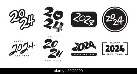 Set di testo con logo Happy New Year 2024. 2024 numeri o etichette con colore nero isolato su sfondo bianco. Simbolo di Capodanno Illustrazione Vettoriale