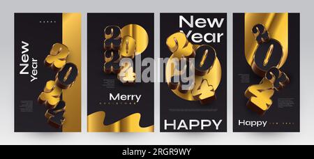 Elegante poster felice anno nuovo 2024 con numeri 3D. Adatto, per carta, banner, poster, volantino, copertina e modello post sui social media Illustrazione Vettoriale