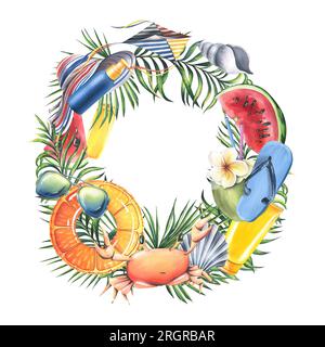 Giocattoli gonfiabili, frutta, creme, conchiglie, foglie di palma tropicale. Illustrazione ad acquerello, disegnata a mano per carte, poster, spiaggia ed estate. Spiaggia Foto Stock