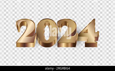 2024 in stile oro e 3D isolato su sfondo trasparente. Buon anno 2024 Design Illustrazione Vettoriale