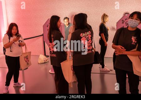 Centinaia di fan Blackpink affollano il pop-up Blackpink e American Express "Born Pink" a Chelsea mercoledì 9 agosto 2023. Alle fan del gruppo femminile sudcoreano è stata data l'opportunità di acquistare odles di merch Blackpink in un'esperienza di shopping in negozio dedicata. (© Richard B. Levine) Foto Stock