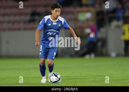 Cracovia, Polonia. 7 agosto 2023. Koki Hinokio di Stal Mielec visto durante la partita di calcio polacca PKO Ekstraklasa League 2023/2024 tra Puszcza Niepolomice e Stal Mielec allo stadio Cracovia. Punteggio finale; Puszcza Niepolomice 1:0 Stal Mielec. (Foto di Grzegorz Wajda/SOPA Images/Sipa USA) credito: SIPA USA/Alamy Live News Foto Stock