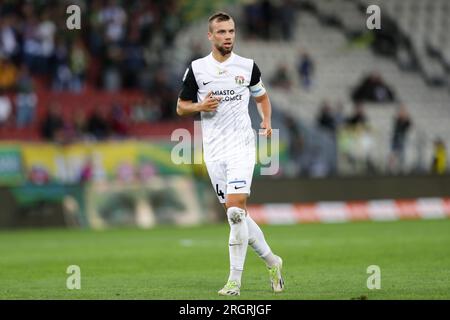 Cracovia, Polonia. 7 agosto 2023. Jakub Serafin di Puszcza Niepolomice visto durante la partita di calcio polacca PKO Ekstraklasa League 2023/2024 tra Puszcza Niepolomice e Stal Mielec allo stadio Cracovia. Punteggio finale; Puszcza Niepolomice 1:0 Stal Mielec. (Foto di Grzegorz Wajda/SOPA Images/Sipa USA) credito: SIPA USA/Alamy Live News Foto Stock