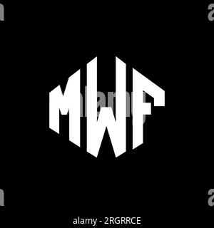 Logo MWF Letter con forma poligonale. Design con logo a forma di cubo e poligono MWF. Modello con logo vettoriale esagonale MWF in bianco e nero. MWF monogr Illustrazione Vettoriale