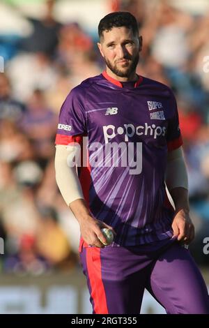 Clean Slate Headingley Stadium, Leeds, West Yorkshire, Regno Unito. 11 agosto 2023. Northern Superchargers contro Oval InvincibleÕs durante la Hundred Double Header al Clean Slate Headingley Stadium. Wayne Parnell di Northern Superchargers Credit: Touchlinepics/Alamy Live News Foto Stock