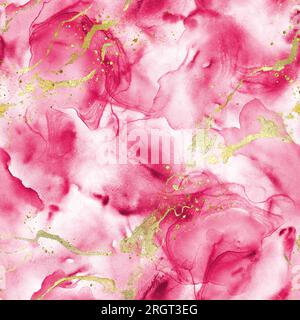 Acquerello astratto grunge sfondo di lusso. Colorazioni di glitter rosa e oro disegnate a mano, spruzzi di elementi motivo senza cuciture. Struttura acquerello. Prin Foto Stock