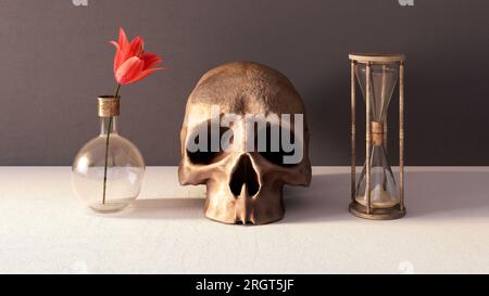 Concetto di transitorietà della vita. Tulipano rosso, teschio e clessidra su pavimento bianco in cemento rendering 3d. Foto Stock