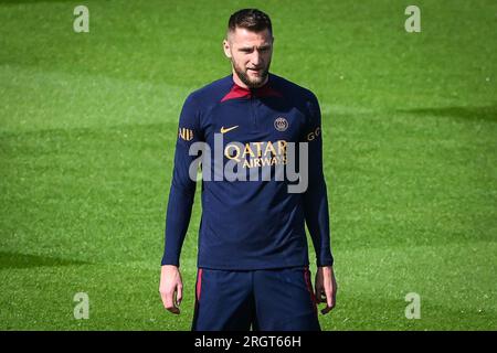 Poissy, Francia. 11 agosto 2023. Milano SKRINIAR di PSG durante la formazione del team Paris Saint-Germain l'11 agosto 2023 al Campus PSG di Poissy, Francia - foto Matthieu Mirville/DPPI Credit: DPPI Media/Alamy Live News Foto Stock