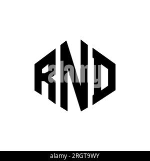 Logo RND Letter con forma poligonale. Design con logo a forma di cubo e poligono RND. Modello con logo vettoriale esagonale RND bianco e nero. RND monogr Illustrazione Vettoriale