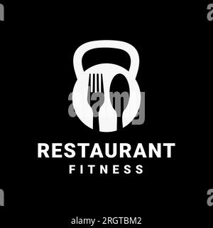 Campana di ispirazione bollitore con cucchiaio e forchetta Vintage retro Healthy Restaurant Logo modello vettoriale, icona, simbolo. Sfondo scuro Illustrazione Vettoriale