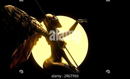 illustrazione in 3d di un'antica statua dorata dell'angelo guerriero, seduta con lancia e casco e sole luminoso su sfondo nero. Foto Stock