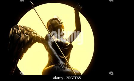 illustrazione in 3d di un'antica statua dorata dell'angelo guerriero, seduta con lancia e casco e sole luminoso su sfondo nero. Foto Stock