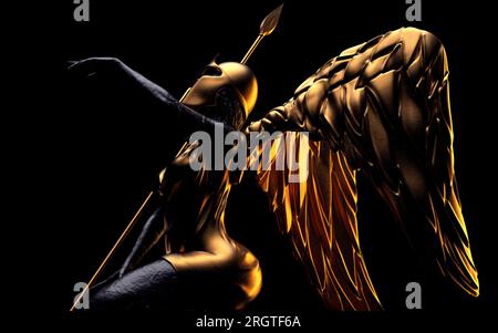 rappresentazione in 3d di un'antica statua dorata dell'angelo guerriero nel casco e vista laterale della lancia su sfondo nero. Foto Stock